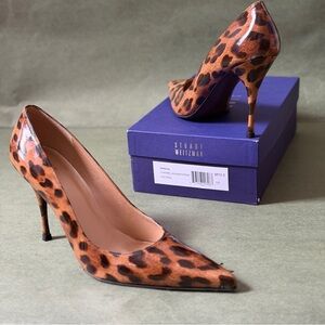 Stuart Weitzman Sensual Carmel Jaguar Patent Animal Print Heels 12M